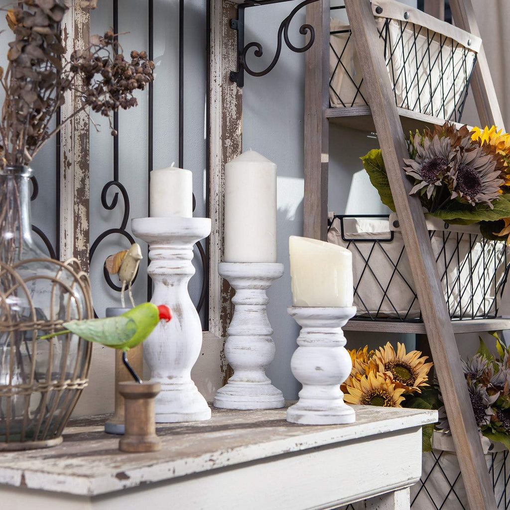 NIKKY HOME Rustic Candle Holder Set of 3 - Farmhouse Wood Stand for Mantle & Dining Table | Distressed White