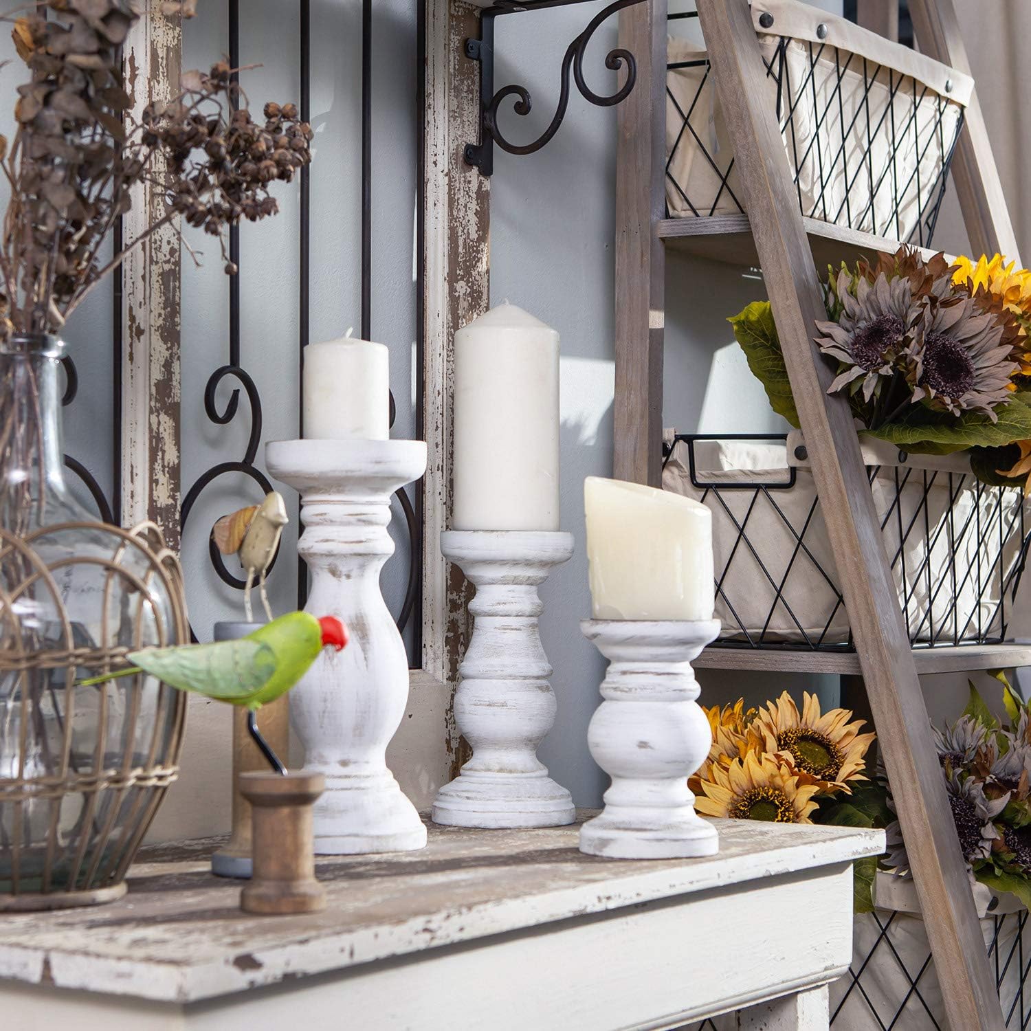 NIKKY HOME Rustic Candle Holder Set of 3 - Farmhouse Wood Stand for Mantle & Dining Table | Distressed White