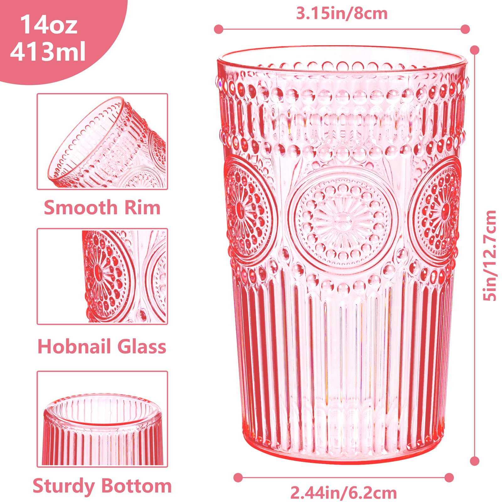 Ciaell 12 Pack Romantic Plastic Water Glasses - 14 Oz Pink Vintage Drinking Glasses, Embossed Ribbed Plastic Cups, Textured Striped Set for Juice, Beverages, Beer, Cocktail & Mother's Day