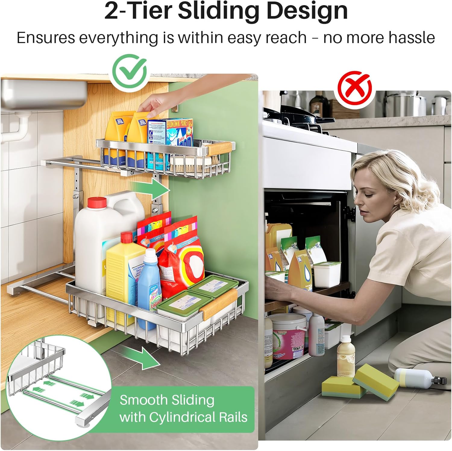 Under Sink Organizer by [Brand Name] - Stainless Steel 2-Tier Storage Solution | Pull-Out Cabinet Shelf