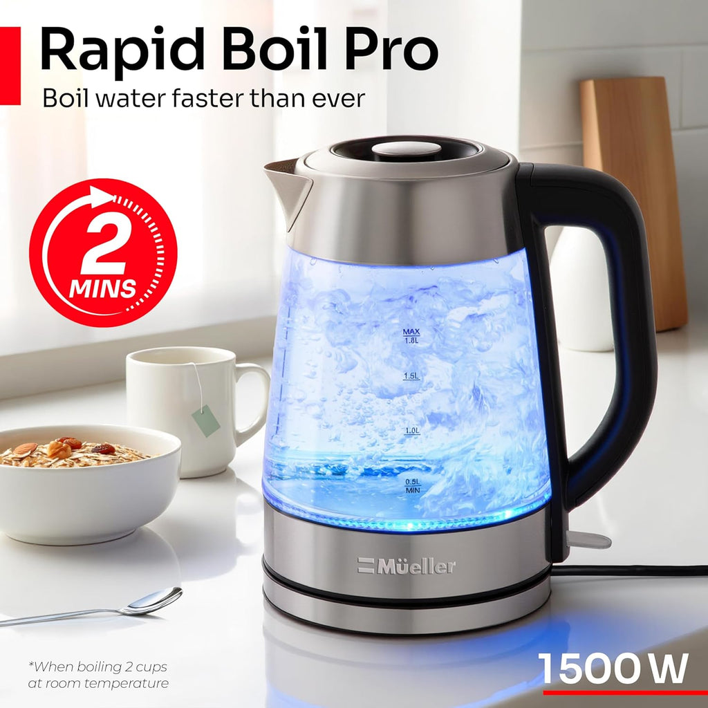 Mueller Rapid Boil Electric Tea Kettle - 1.8L Borosilicate Glass & Stainless Steel - BPA-Free, Auto Shut-Off & LED Light