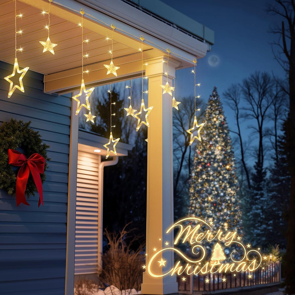 Skiennix 126L Warm White Star Icicle Lights - 8.2FT Clear Curtain Fairy String with Timer & 8 Modes | Waterproof for Christmas & Events
