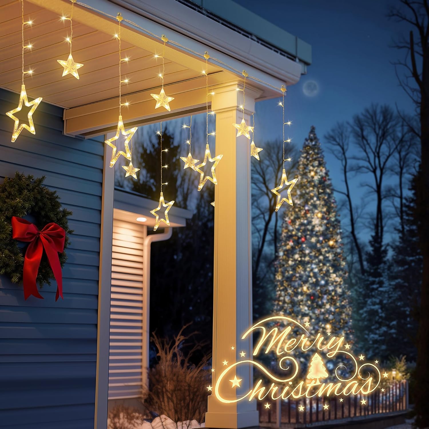 Skiennix 126L Warm White Star Icicle Lights - 8.2FT Clear Curtain Fairy String with Timer & 8 Modes | Waterproof for Christmas & Events