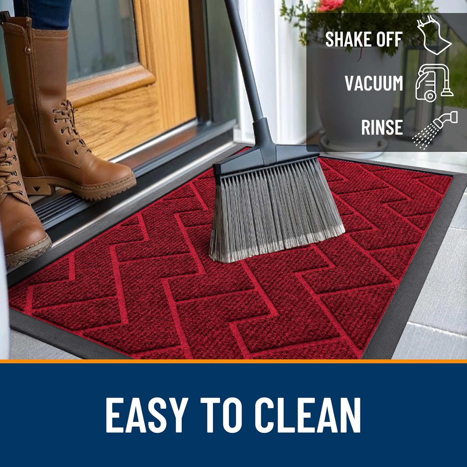 OLANLY Waterproof Front Door Mat - All-Season, Easy Clean Herringbone Design | Wine Red, 59x23 Inches