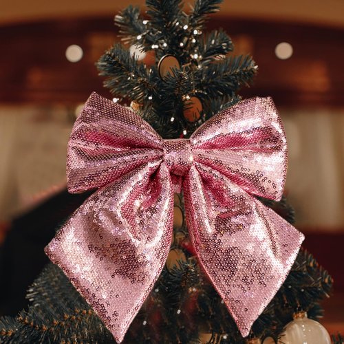 Large Sequin Bow Tree Topper, 12''x10'' Pink Glitter Bow Christmas Ornaments, Decorative Bow for Christmas Tree Wreath Garland Fireplace Holiday Valentine's Day DIY Crafts (Pink)