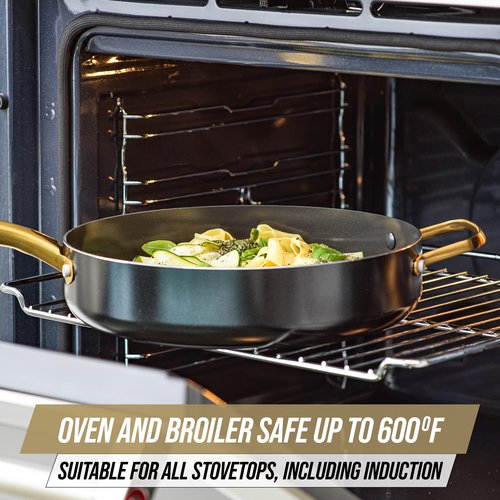 Blue Diamond 4QT Saute Pan with Lid, Non Toxic Induction PFAS-Free Diamond Ceramic Nonstick, Dishwasher & Oven Safe, Metal Utensil Safe, Gold Handle & Helper Handle, Jumbo Skillet, Glass Lid, Black