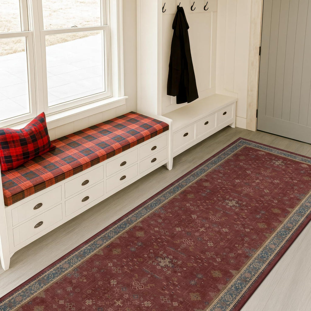 Red 2x8 Long Hallway Runner Rug - Boho Washable Indoor Mat | Non-Skid Vintage Geometric Floral Design