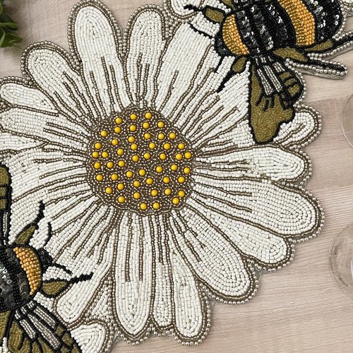 Handmade Beaded Table Runner - Bee on Flower Design, Vibrant Spring-Themed Beaded Runner, 13x36 Inches