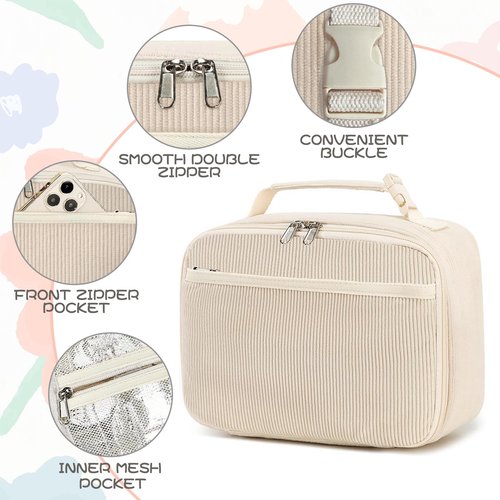 GODWOODS Cute Lunch Bag for Women & Men Corduroy Small Lunch Box with Cooler & Organizer Compartments Insulated Lunch Tote Bag for Travel Work (Beige)
