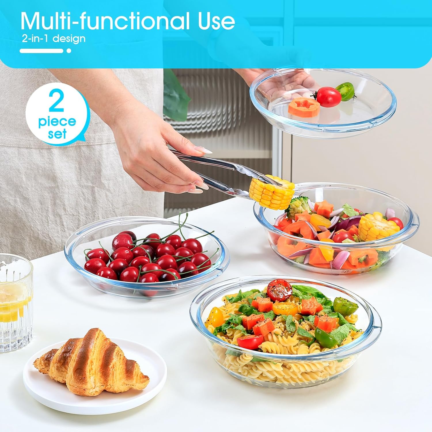Skiennix 2-Piece Glass Casserole Dish Set - 1 Liter Round Oven Safe Bakeware with Lid & Handles