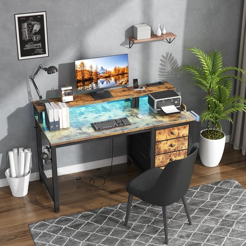 Lufeiya Gaming Desk with LED Lights and Power Outlets, 47 inch Computer Desk with Fabric Drawers, Reversible Home Office Desk with Monitor Stand, Black