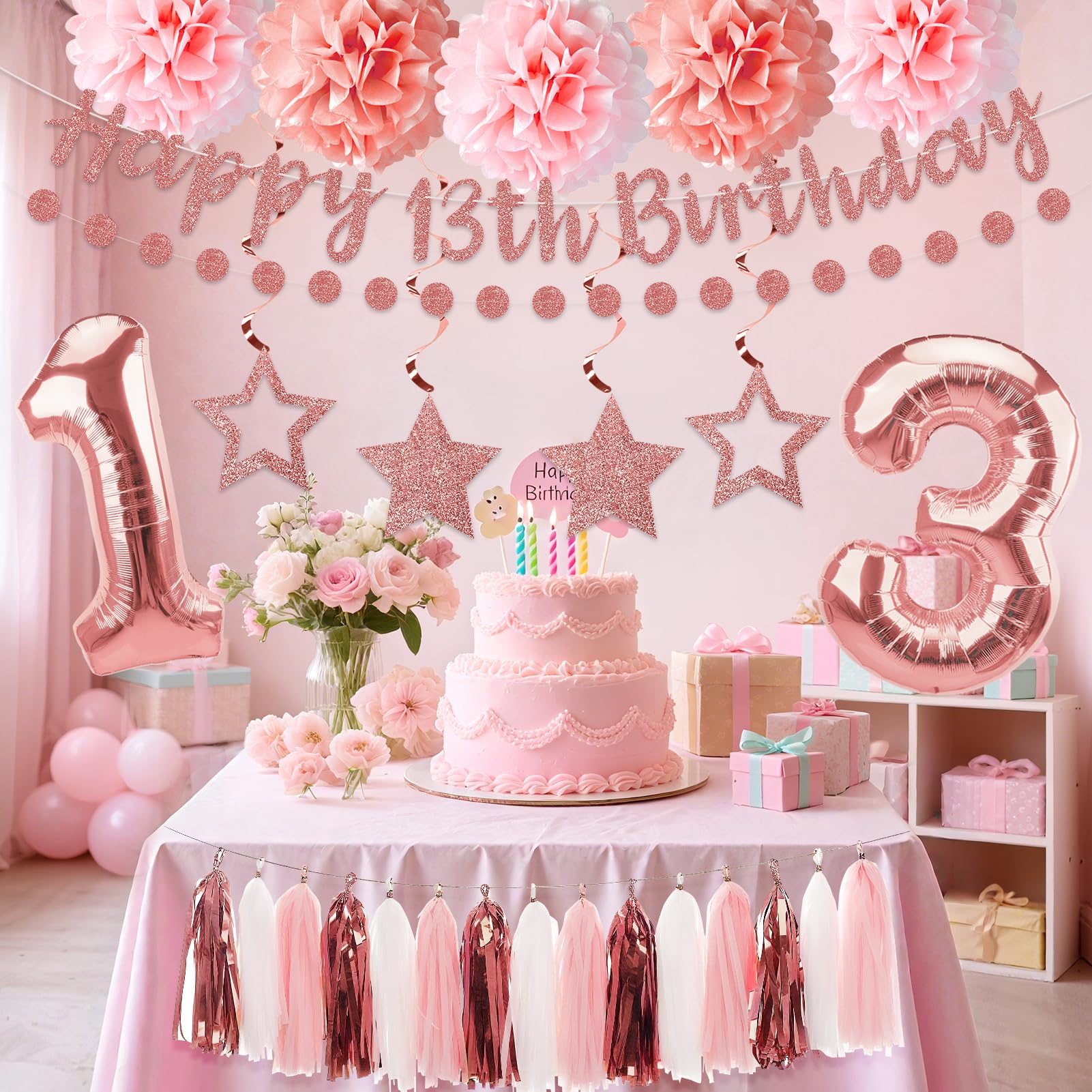 Kuxriox 13Pcs Happy 13th Birthday Decorations for Girls, Pink Rose Gold 13th Birthday Banner and Balloons, Glittery 13 Year Old Bday Tissue Pompoms, Circle Dots Garland, Tassel Garland Party Supplies