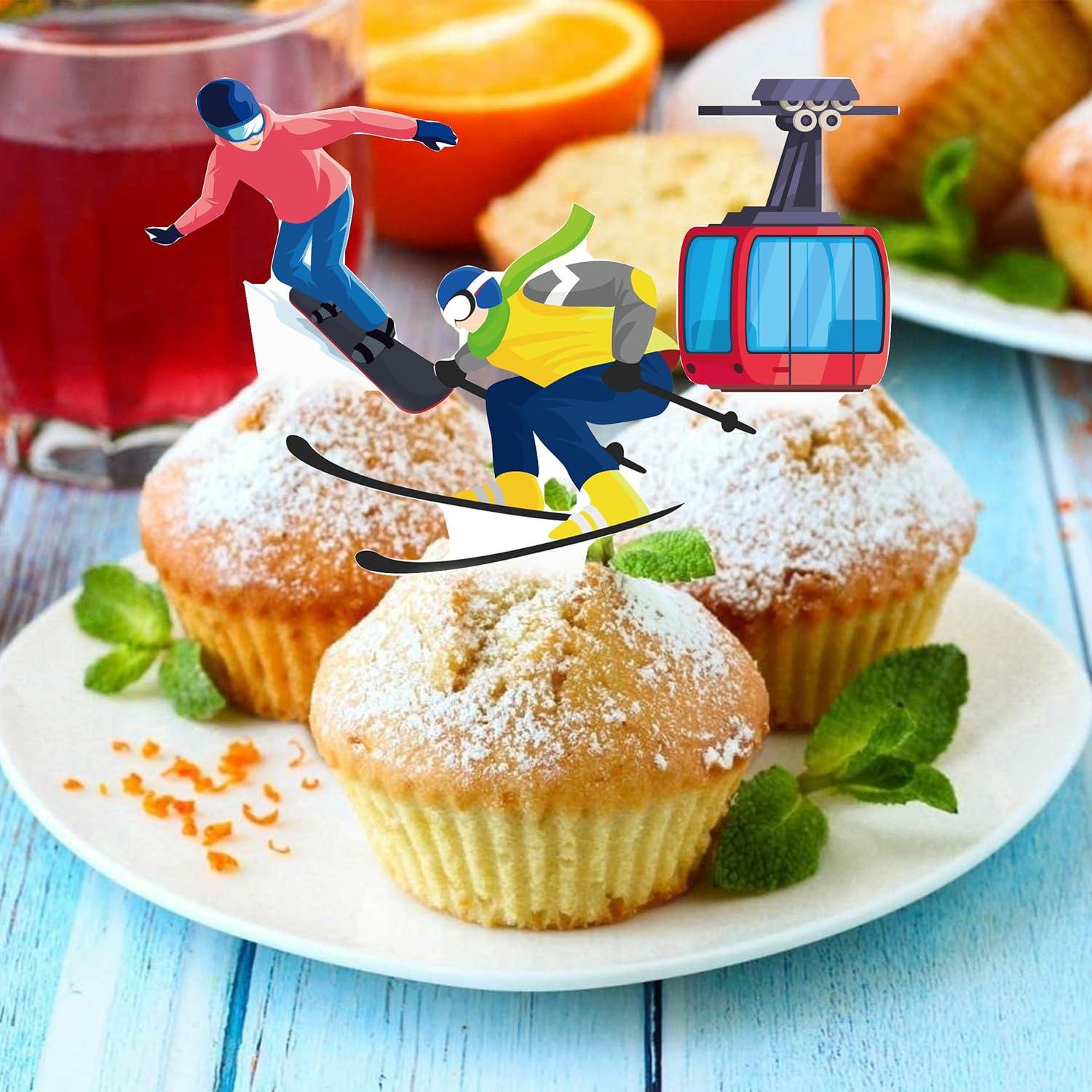 Skiennix Skiing Cupcake Toppers - 48Pcs Winter Party Decorations | Snowboard Birthday Picks