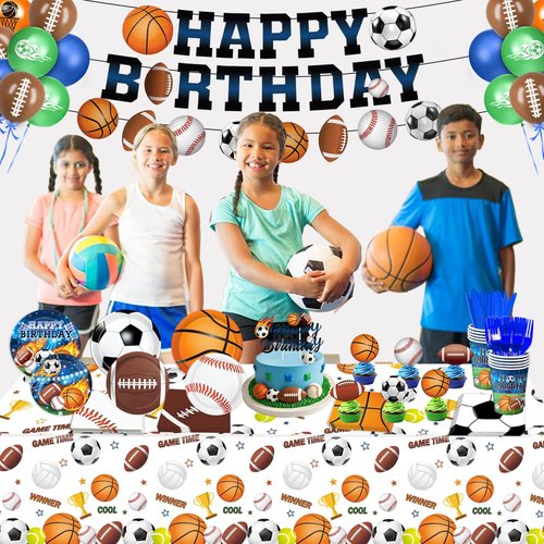191 PCS Sports Birthday Party Decorations Includes Plates, Napkins, Cups, Knives, Forks, Banner, Cake & Cupcake Toppers, Tablecloth for Sports Themed Party Decorations, Serves 24
