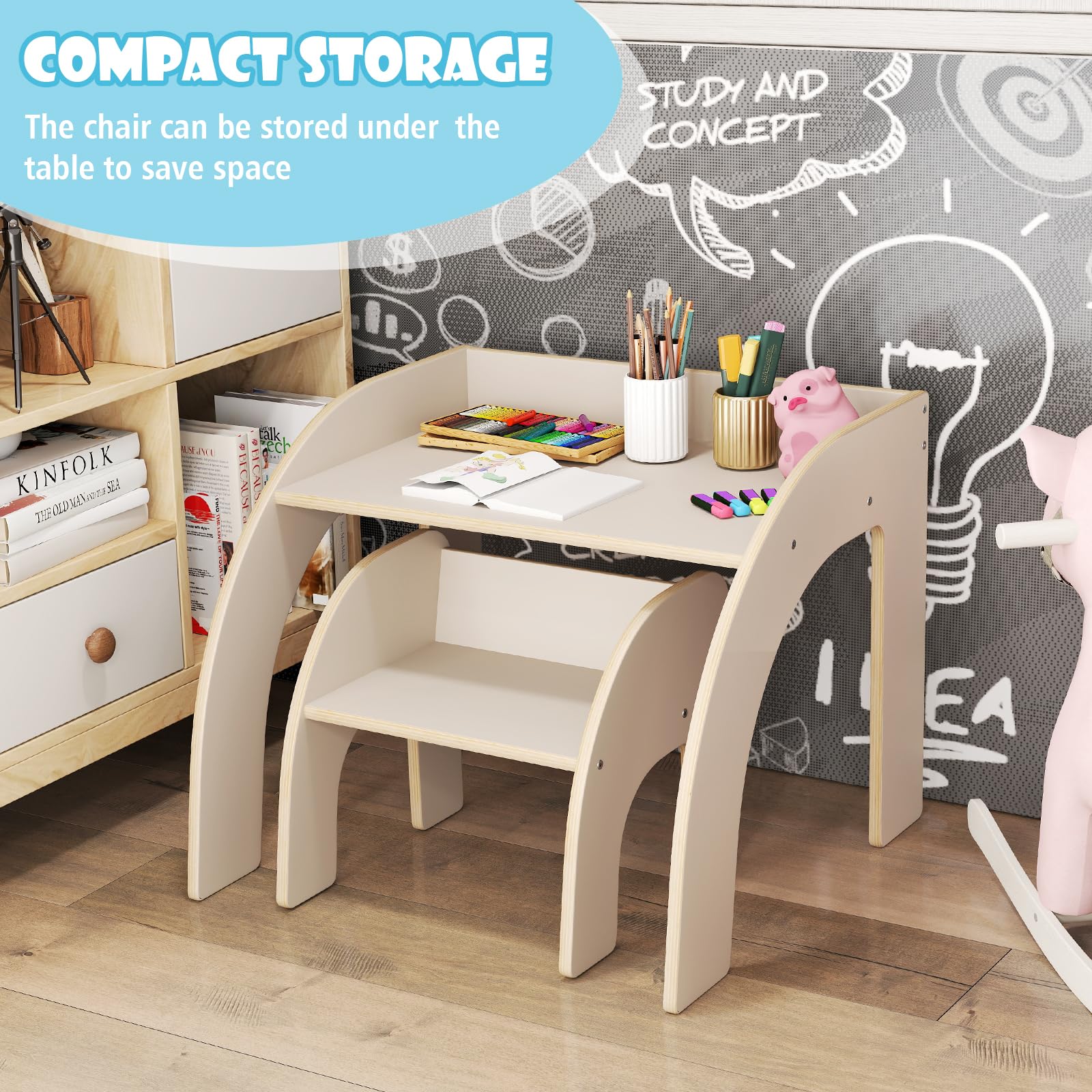 Costzon Kids Table and Chairs, Montessori Weaning Wooden Desk and Chair w/Wide Tabletop, Curved Edges, Space-Saving Design for Kids' Room, Nursery and Playroom, Toddler Table and Chair Set (Beige)