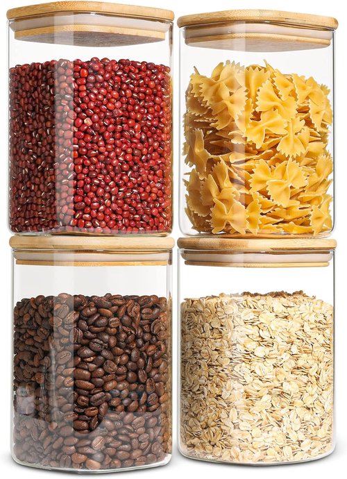 ComSaf Glass Storage Containers - 1.2 Qt Clear Glass Jars with Lids | Set of 4 for Pantry Organization