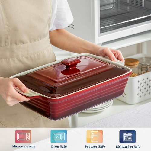 LOVECASA 4.5 Quart Ceramic Casserole Dish - Oven & Dishwasher Safe Lasagna Pan with Lid | Gradient Red