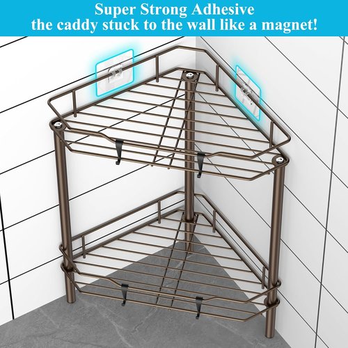 HuggieGems 2-Tier Corner Shower Caddy Organizer - Stylish Bathroom Shelf Rack with Hooks, Bronze Finish
