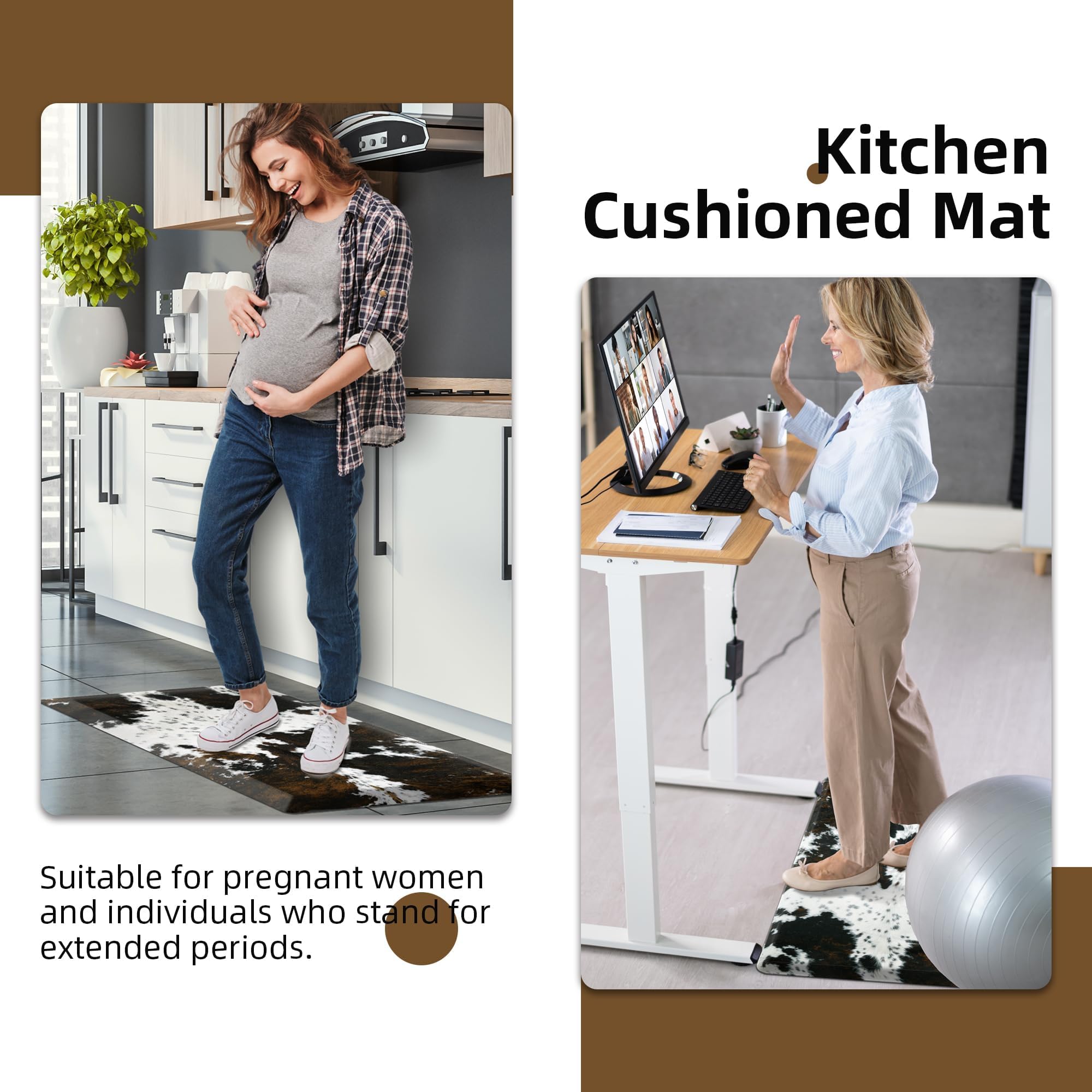 Tyrot Cowhide Kitchen Mat Cushioned Anti Fatigue - 4/5 Inch Thick Western Cow Kitchen Mats for Floor, Non Slip PVC Waterproof Standing Desk Ergonomic Comfort Rugs for Sink, Office, Laundry, 20x39