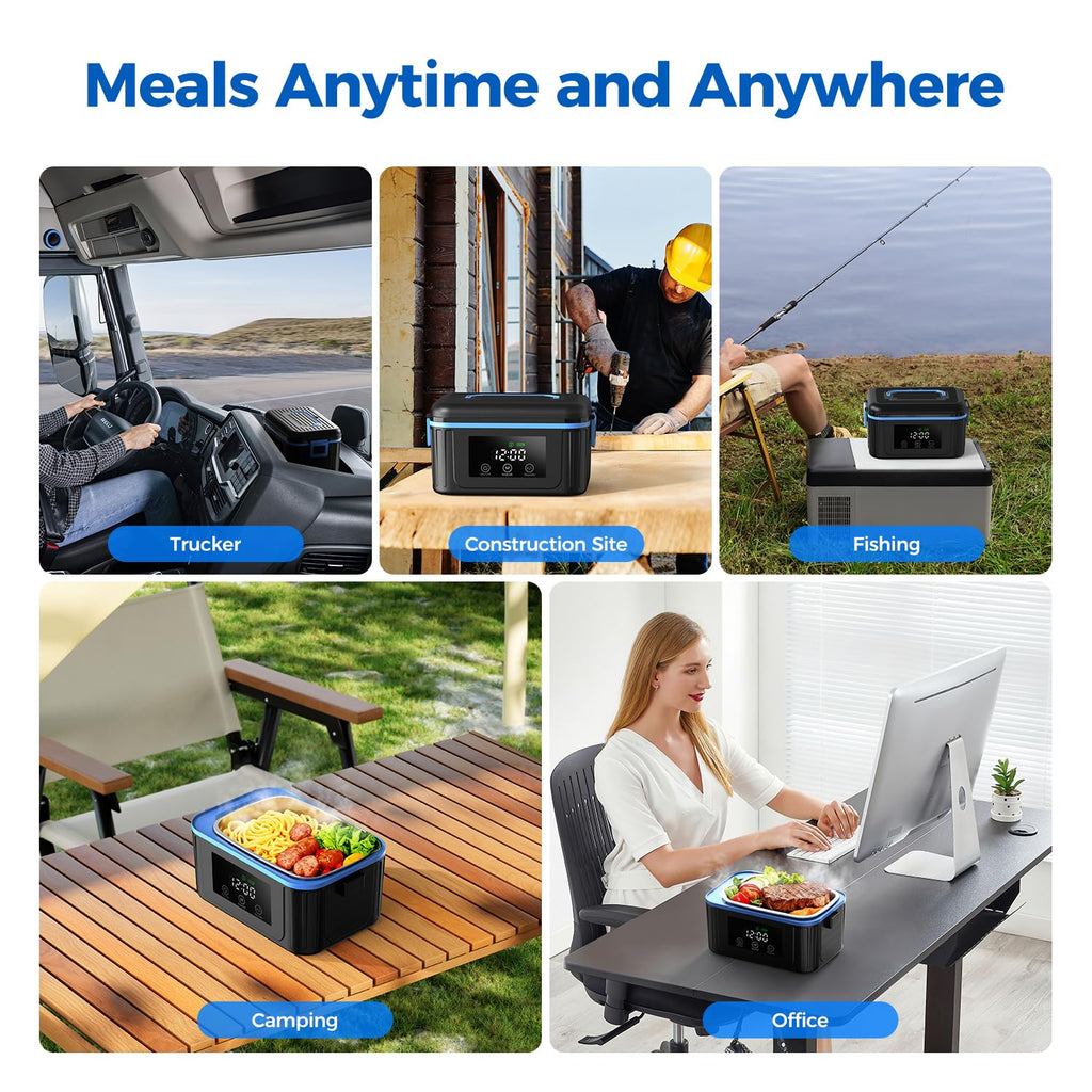POFABIK Cordless Electric Lunch Box for Adults, Heated Lunch Box for Men, 6 Cups Self Heating Lunch Box, Battery Powered, 304 Stainless Steel, 18000mAh, Portable Food Warmer with Insulated Carry Bag