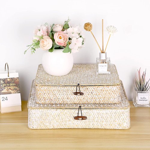Hipiwe Wicker Storage Bins - Set of 2 Flat Seagrass Baskets with Lids | Natural Whitewash Home Organizers