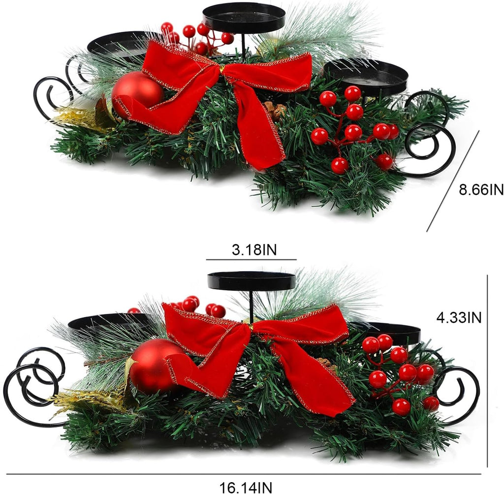 MorTime Christmas Candle Holder - Festive Table Centerpiece with Red Bow, Berries & Pinecones | Steel Base