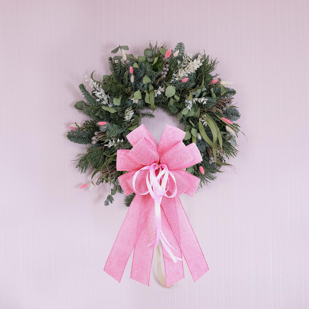 Anshome Large Pink Burlap Easter Wreath Bow, Spring Decorative Bow with String, 11.42 x 20.87 Inches