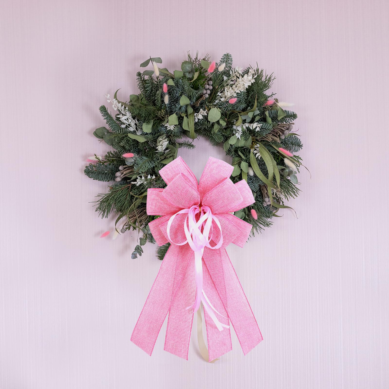 Anshome Large Pink Burlap Easter Wreath Bow, Spring Decorative Bow with String, 11.42 x 20.87 Inches