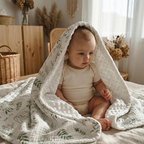 GLLQUEN Baby Blanket - Soft Muslin Cotton Front & Dotted Fleece Backing | Unisex Greenery, 30 x 40 Inches