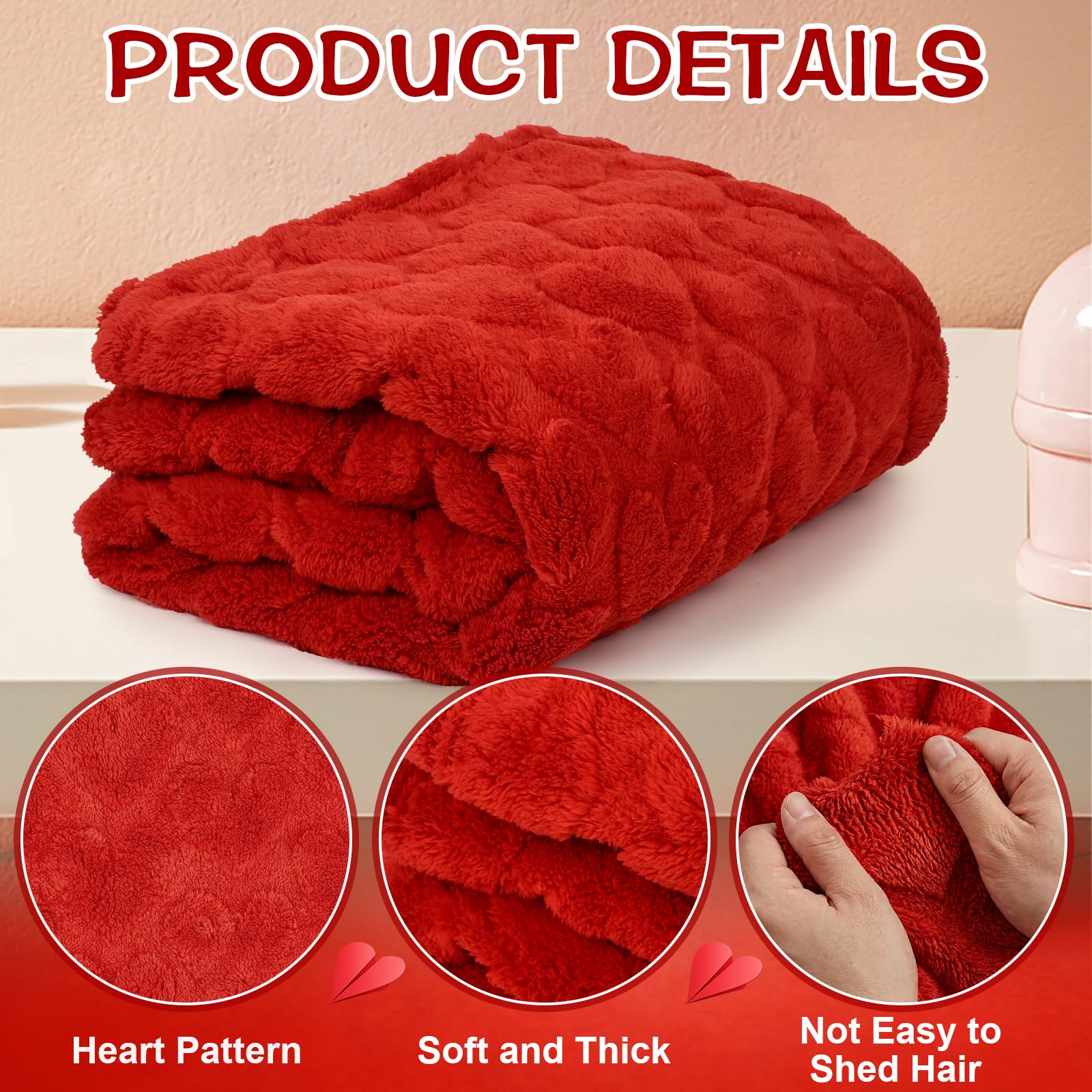 Red Heart Throws Blanket for Women Valentines Day Blankets Red Love Heart Blanket Soft Warm Fuzzy Fleece Blanket Thoughtful Valentines Day Gifts for Her Wife Girlfriend Mom, 60 x 50 Inch