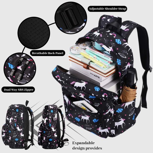 SCIONE Cute School Backpack for Girls, Teens School Bag with USB Charging Port Water-Resistant Black Canvas Bookbag, Preschool Daypack Elementary BackBag, Back to Shool Supplies Gifts for Kids