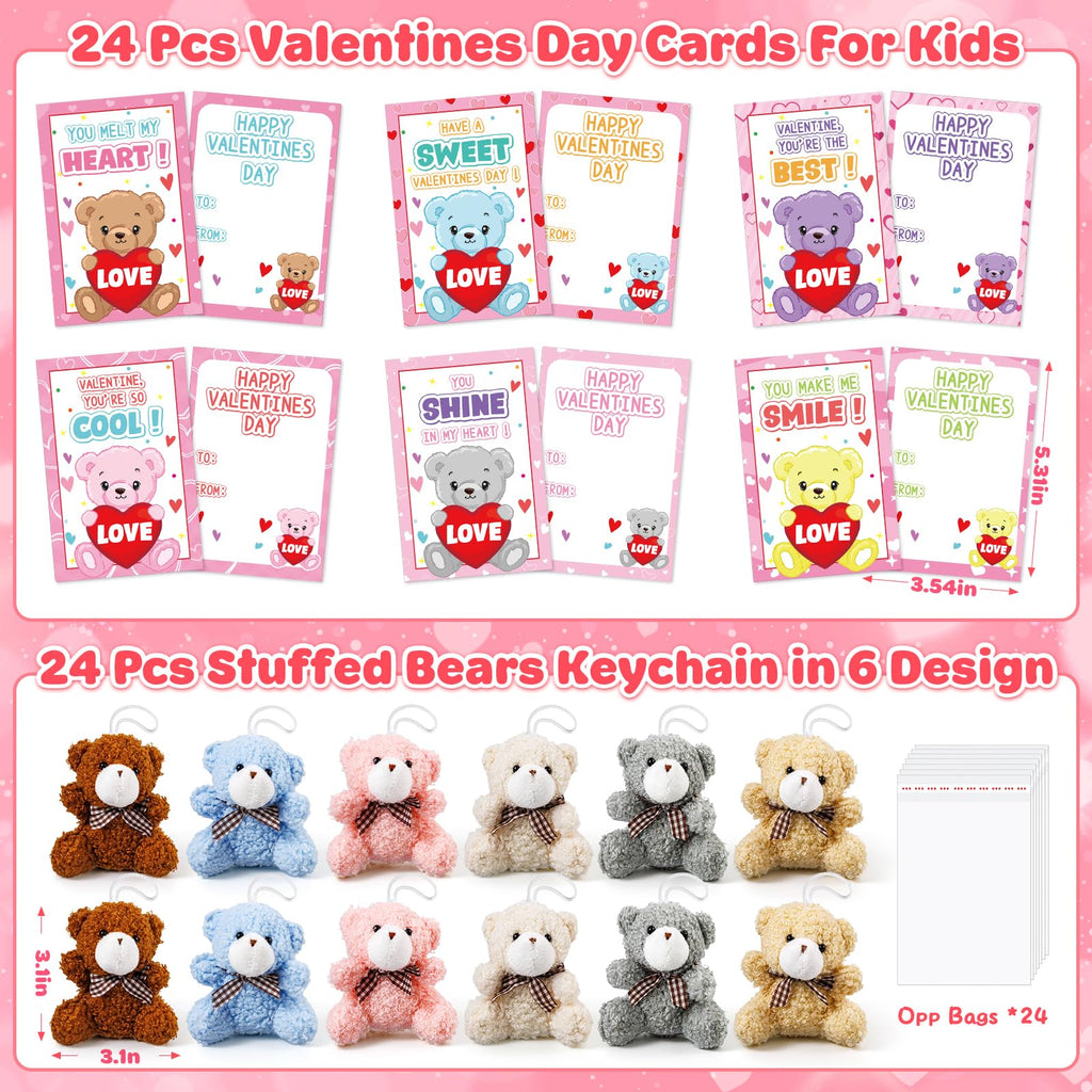 Jumlys Valentines Day Gifts for Kids, 24 Packs Valentines Day Cards with Stuffed Bear Toys, Valentine Day Party Favors for Boys Girls, Ideal Exchange Cards for Classroom