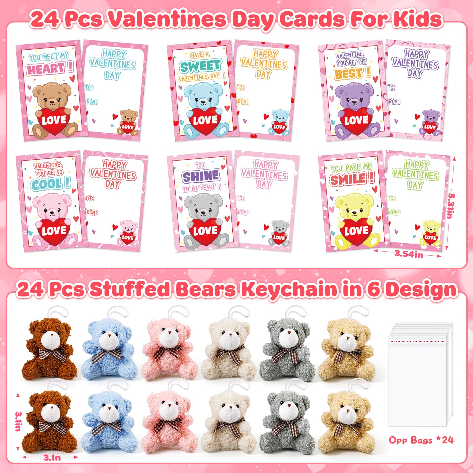 Jumlys Valentines Day Gifts for Kids, 24 Packs Valentines Day Cards with Stuffed Bear Toys, Valentine Day Party Favors for Boys Girls, Ideal Exchange Cards for Classroom