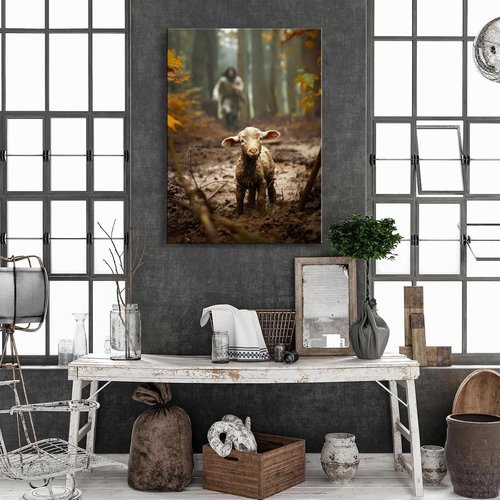 Jesus Wall Art | Large 24”x36” Canvas Print of Jesus Running After Lost Lamb - Perfect Home Decor & Baptism Gift