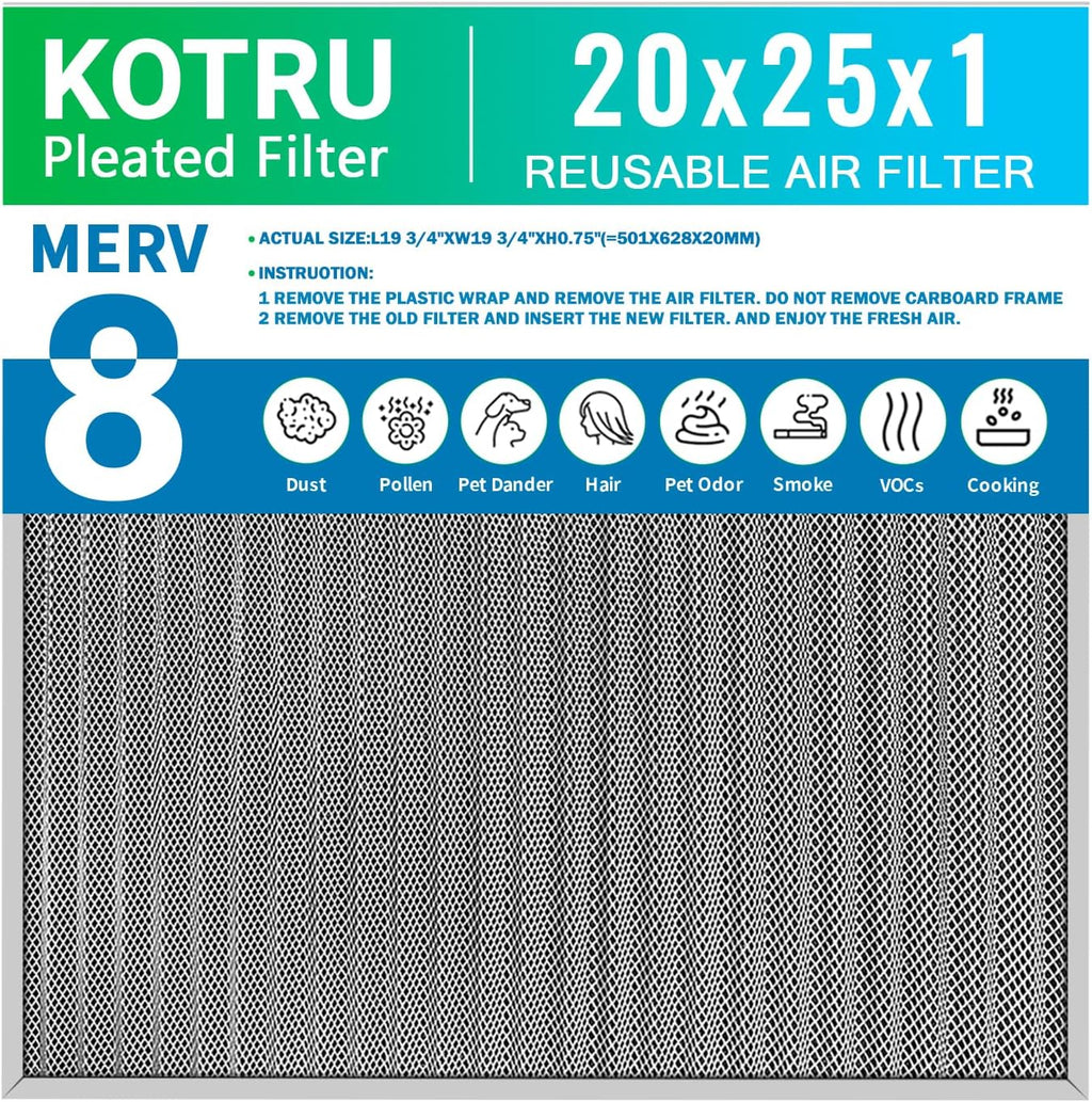 Skiennix 20x25x1 Air Filter - Reusable MERV 8 Washable Aluminum Electrostatic Filter | Long-Lasting for Home & Office HVAC