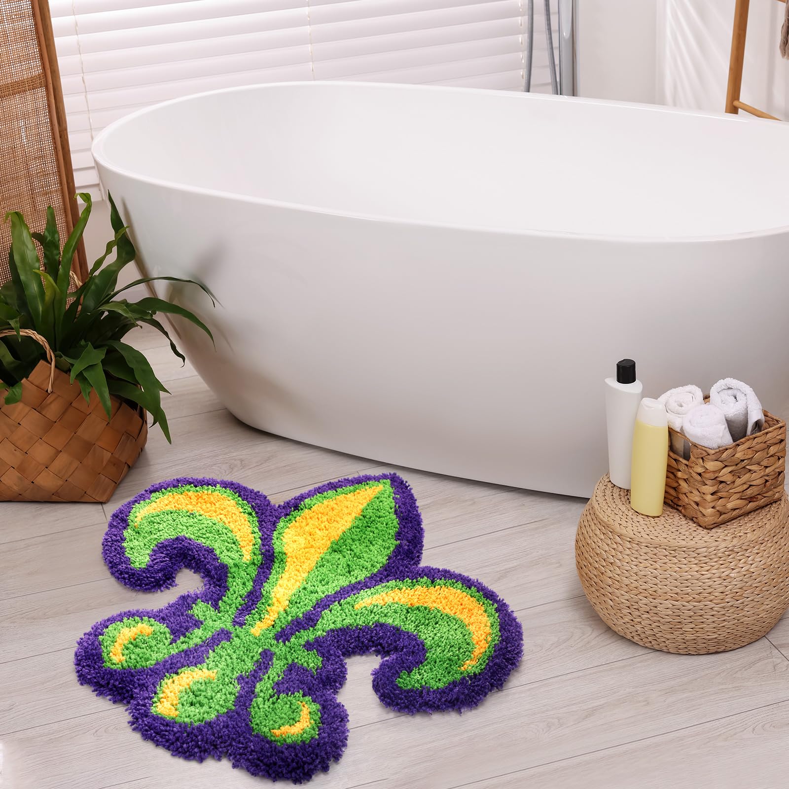 Dunzy Mardi Gras Bathroom Rug Fleur De Lis Indoor Welcome Mat Non Slip Bath Mat Water Absorbent Microfiber Plush Washable Carpet Home Decor, 27.6 x 27.6 Inches