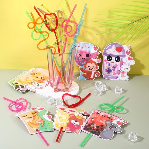 48 Pcs Valentines Day Straws with Valentines Day Cards Colorful Crazy Reusable Straws for Exchange Gifts Prizes Valentine Party Favors Decorations Fun Stocking Stuffers(8 Styles)
