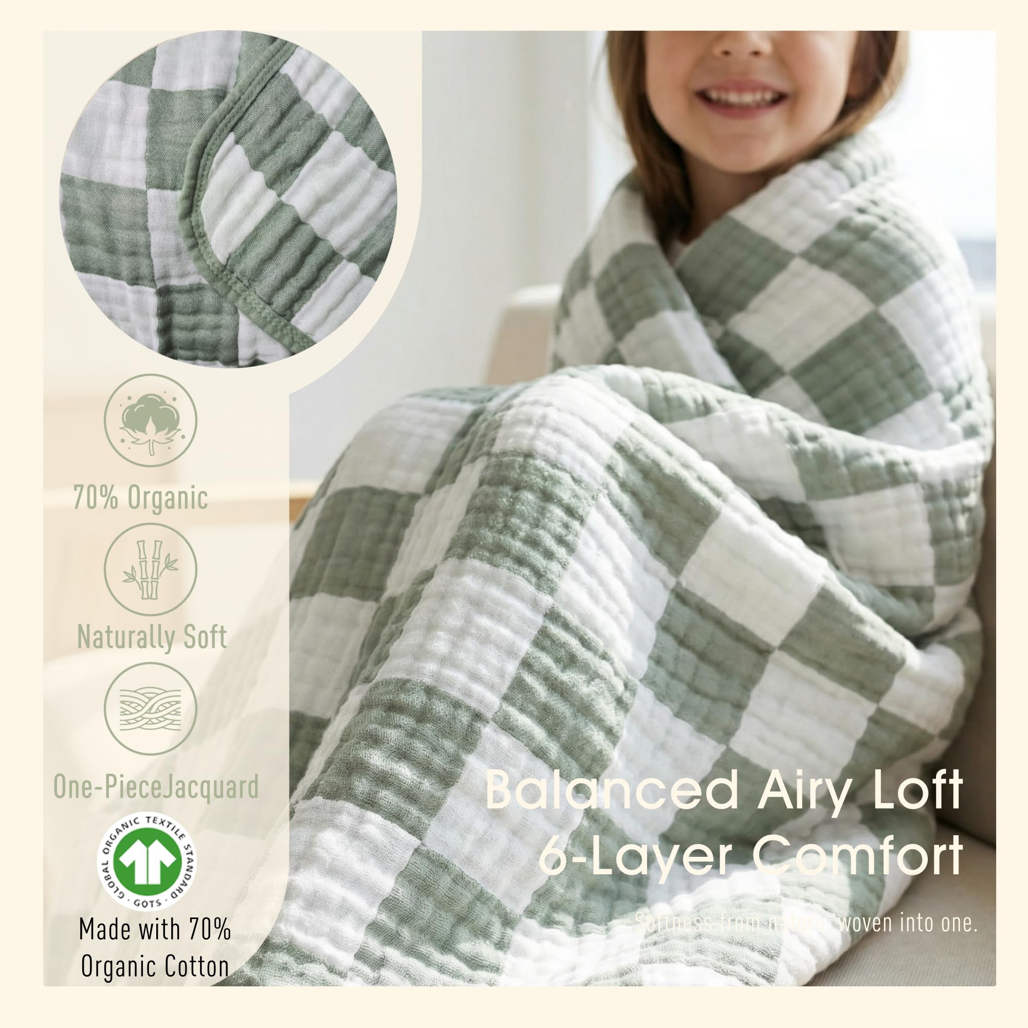 HardNok 6-Layer Muslin Toddler Blanket - Made with Organic Cotton, Large 50x60 Crib Quilt & Bedding for Kids & Moms (Sage Green Checkered)