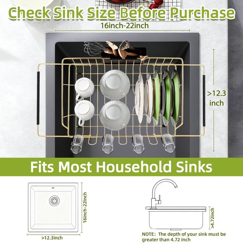 HAYAWEY Golden Expandable Dish Drying Rack-Extra Large Stainless Steel Dish Drainer Over The Sink for Kitchen Countertop with Utensil Holder, Applicable for Sink Width 16'-22' (Gold,23.2'*12.2')
