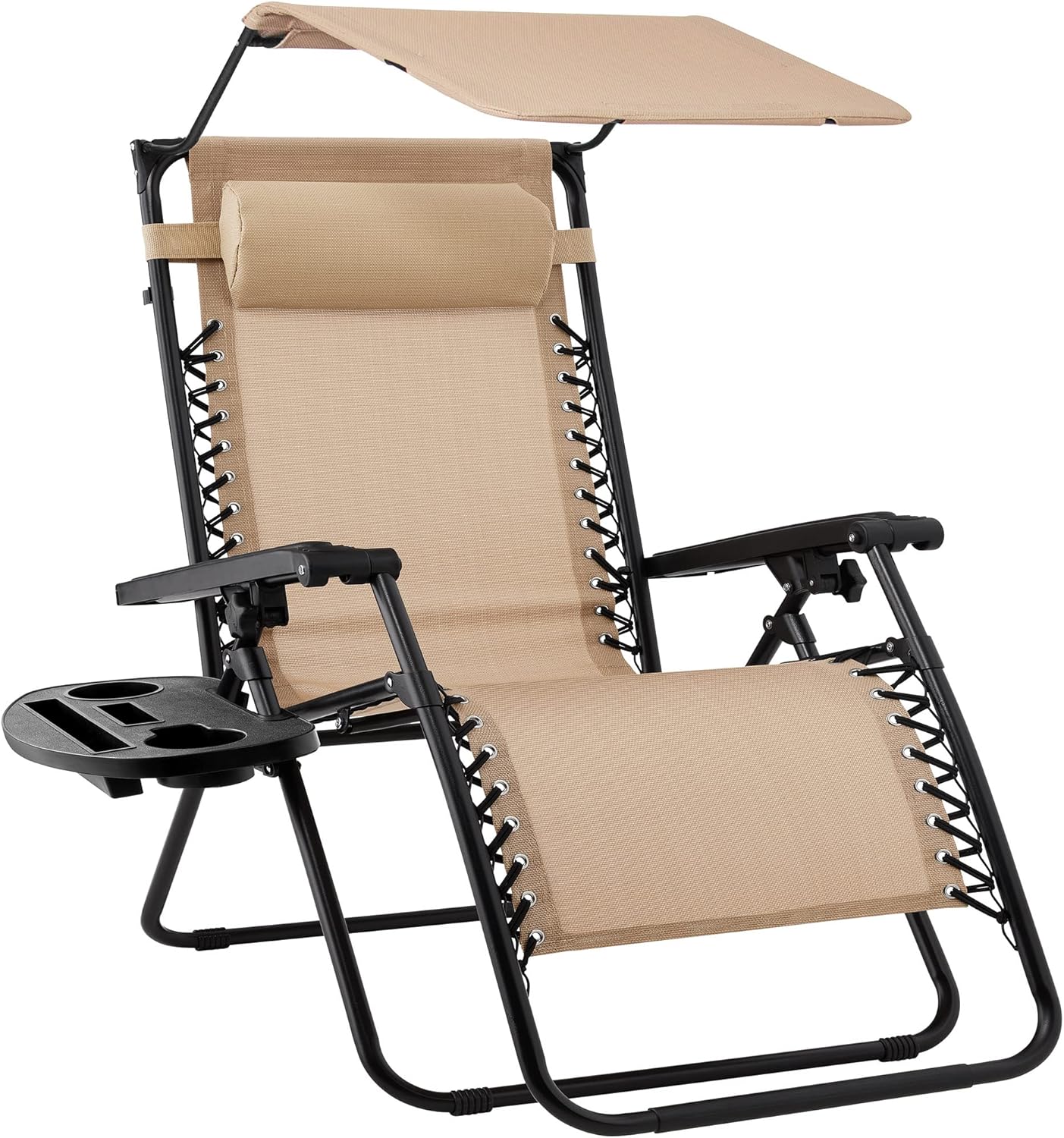 Best Choice Products Folding Zero Gravity Recliner Chair - Adjustable Canopy, Headrest & Side Tray - Beige
