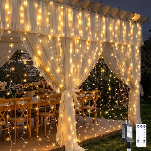 JMEXSUSS 900 LED Outdoor Curtain Lights - 9.5x29.5ft Twinkle String Lights with Remote for Wedding & Home Decor | Warm White