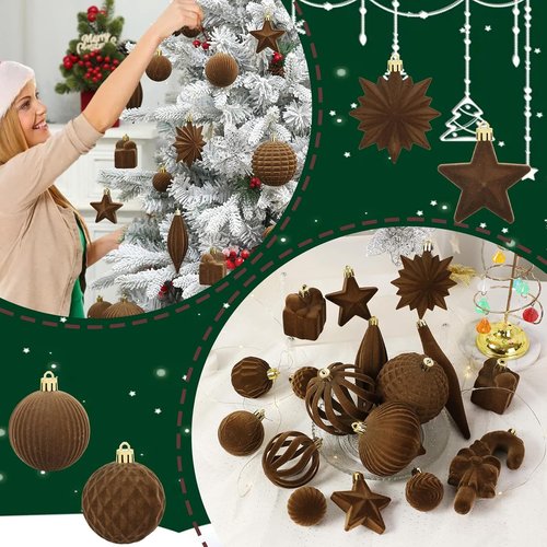 Brown Velvet Christmas Balls by [Brand Name] - 50 Pcs Flocked Ornaments for Tree & Holiday Decor