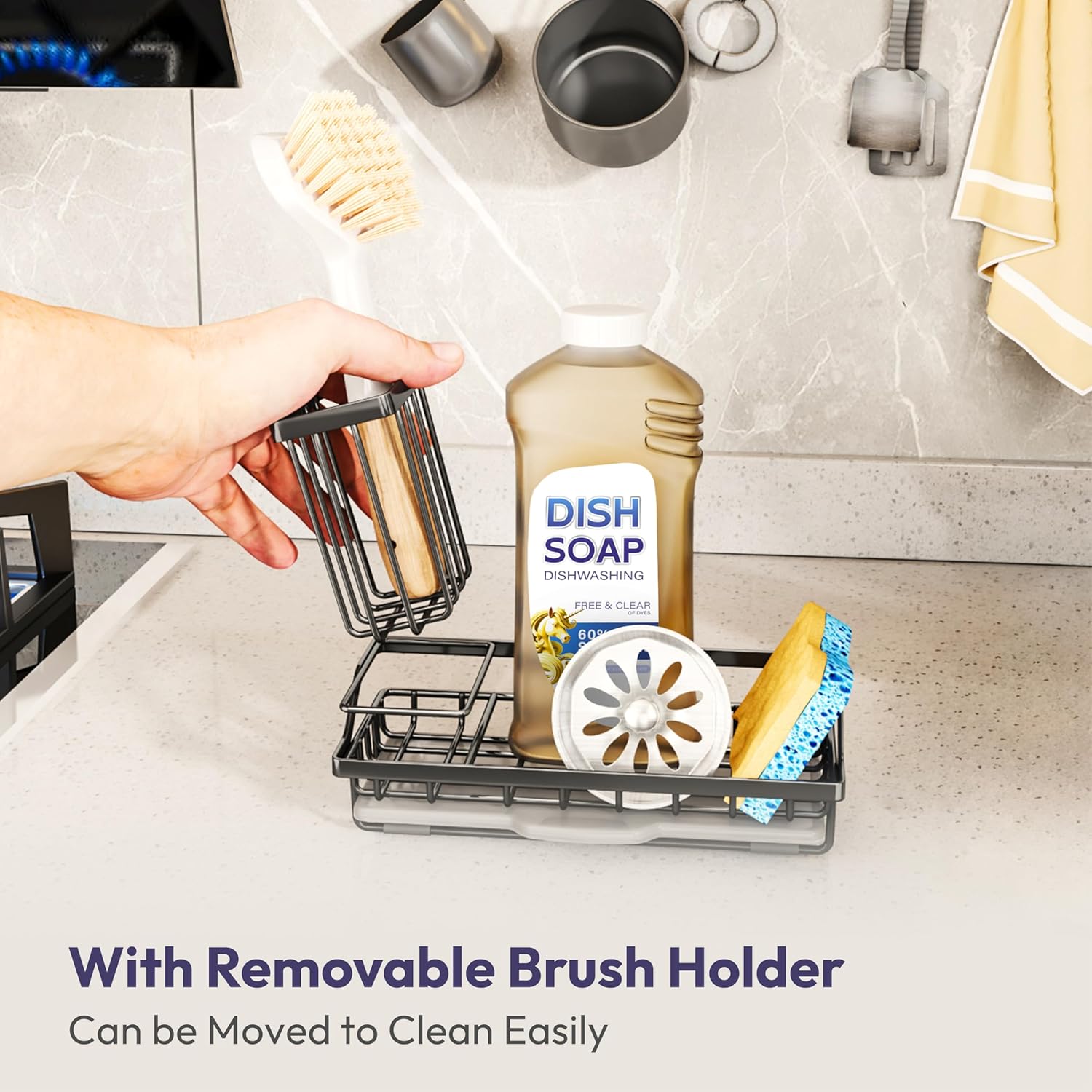 SWTYMIKI Sink Caddy Sponge Holder - Stainless Steel Kitchen Organizer for Soaps & Sponges | Black