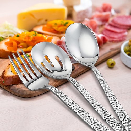 E-far Hammered Serving Utensils Set - 6-Piece Stainless Steel Hostess Set | 8.7-Inch, Dishwasher Safe