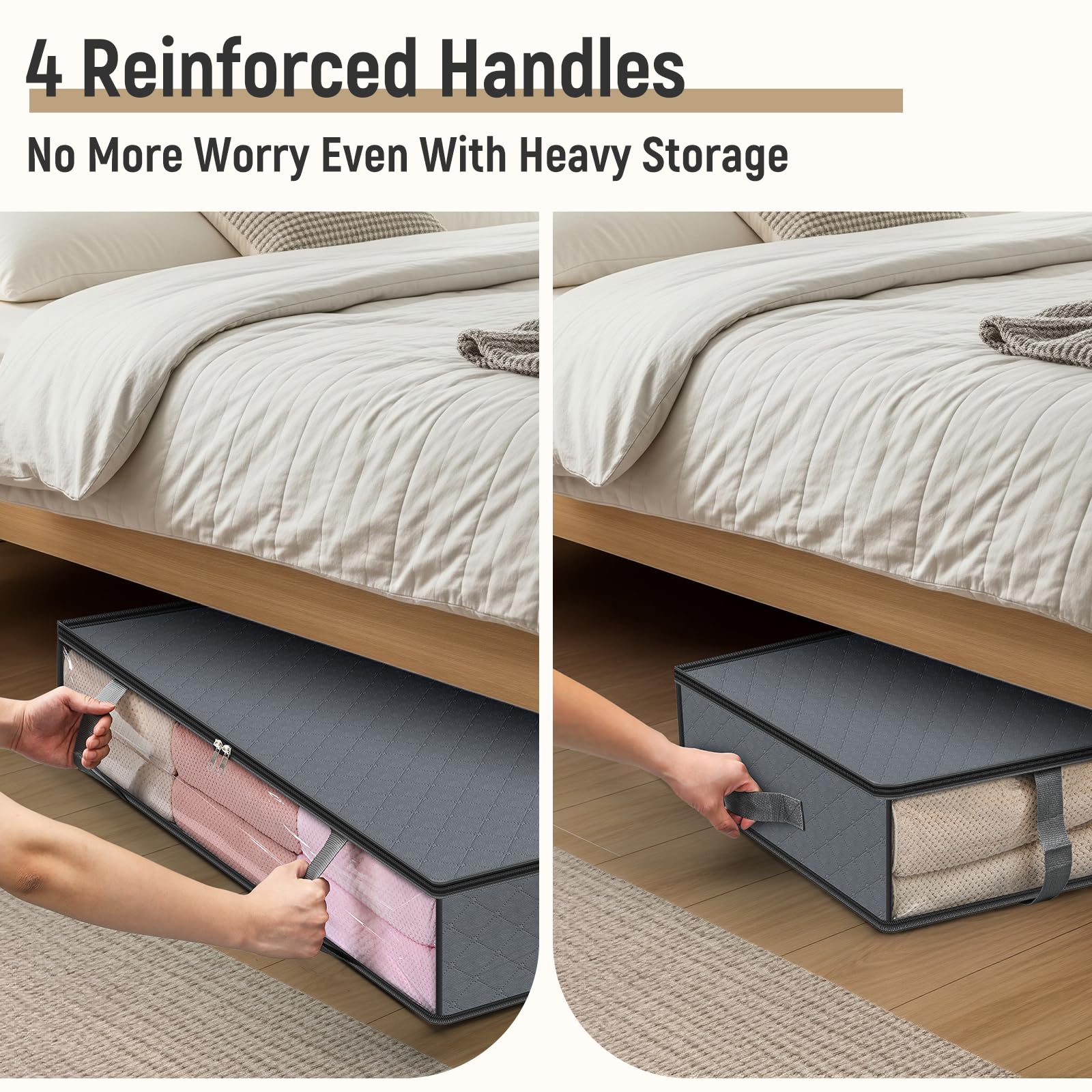 LANDNEOO 4 Pack 90L Under Bed Storage Containers - Underbed Storage for Clothes, Blankets - Closet Organizers and Storage Bags - Under the Bed Storage Bins with Handles & Clear Front