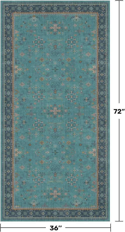 Hazo Haus Teal Non-Slip Kitchen Rug | Washable 3x6 Vintage Floral Indoor Runner
