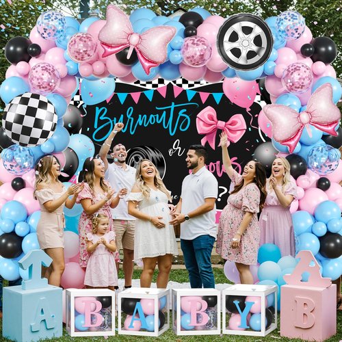 Burnouts or Bows Gender Reveal Decorations - 143pcs Pink Blue Balloon Garland Kit, 4pcs Baby Box With Letters, What Will the Baby Be Backdrop, Boy or Girl Gender Reveal Party Supplies