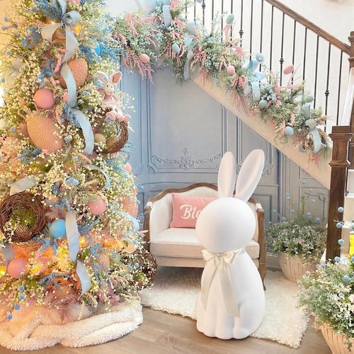Lineshading White Easter Bunny Decorations - 25" Flocked Standing Large Bunny Figurine for Porch & Lawn Decor