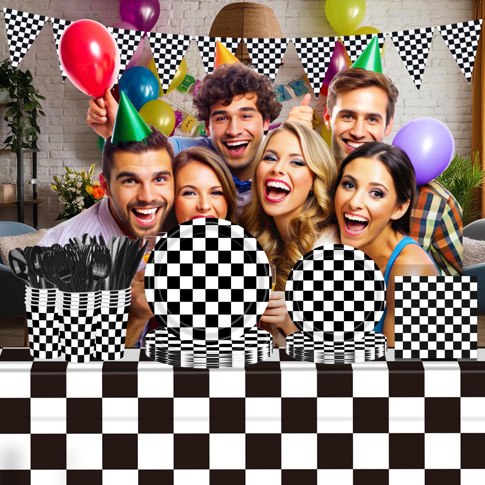 170 Pcs Race Car Birthday Party Decorations Black and White Checkered Plates and Napkins, Checkered Party Supplies Serves 24