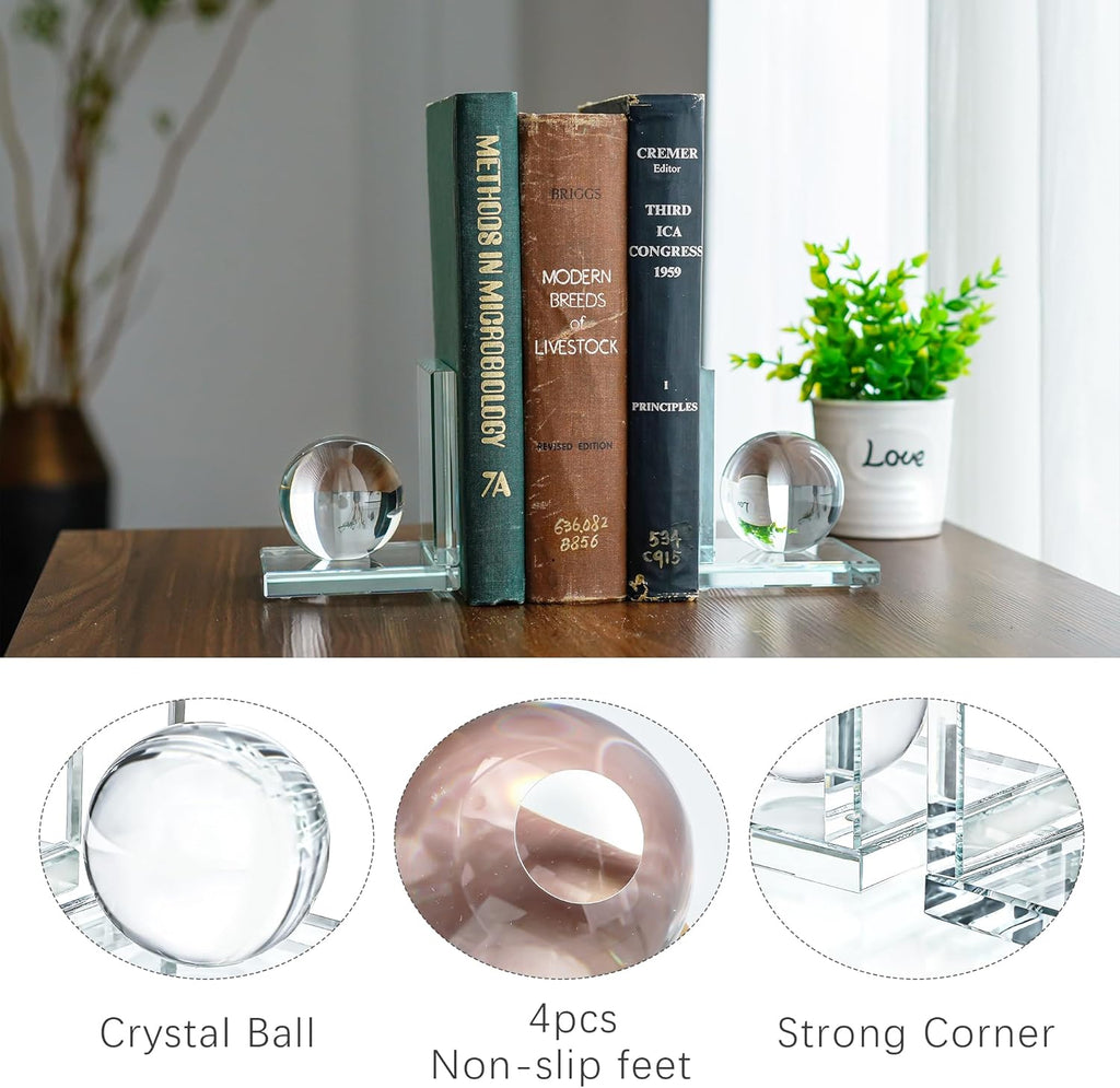 Skiennix Crystal Bookends - L-Shape Non-Skid Heavy-Duty Book Holders | Clear 4-Inch Decorative Ornaments